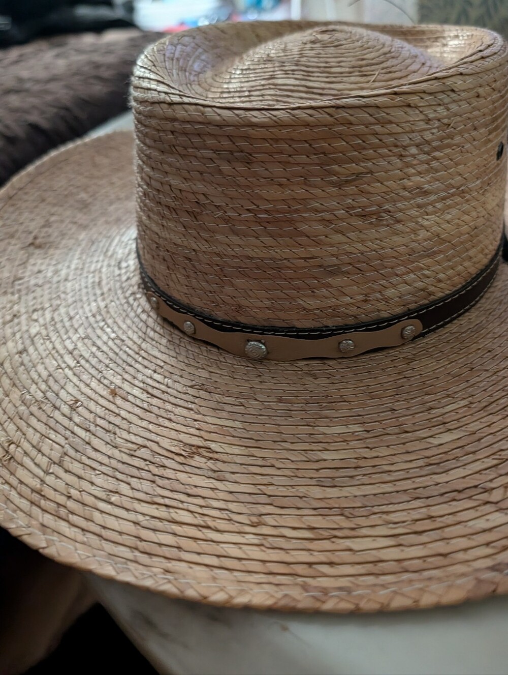 Handmade Mexico Natural Straw Cowboy Hat Wide Brim Western Leather Band Chin Cor